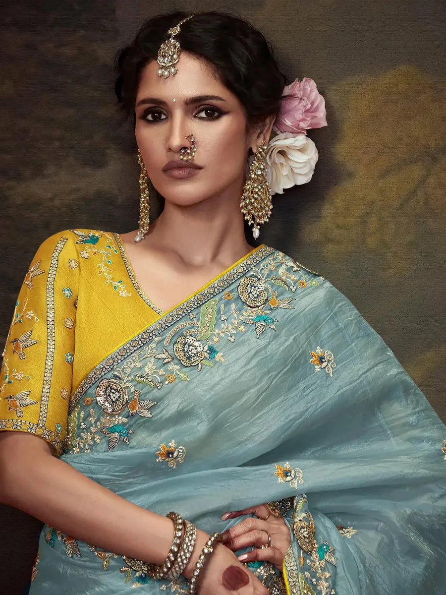 Elegant Sky Blue Embroidered Fancy Saree Manchester Great Sale Cheap Pice