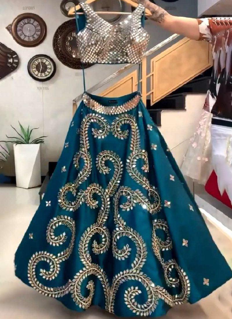 Charming Look Turquoise Color Taffeta Silk Base With Real Mirror Work Lehenga Choli Outlet Finishline