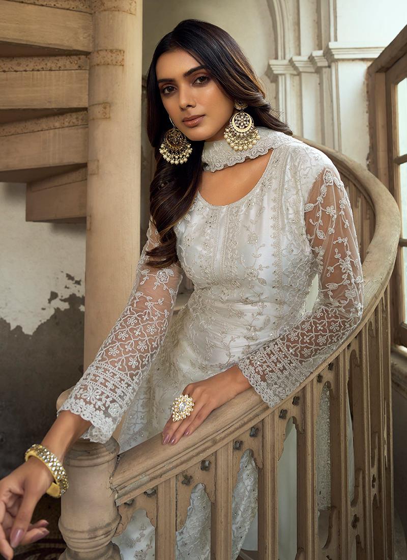 White Soft Net Fabric Palazzo Suit Discount Newest