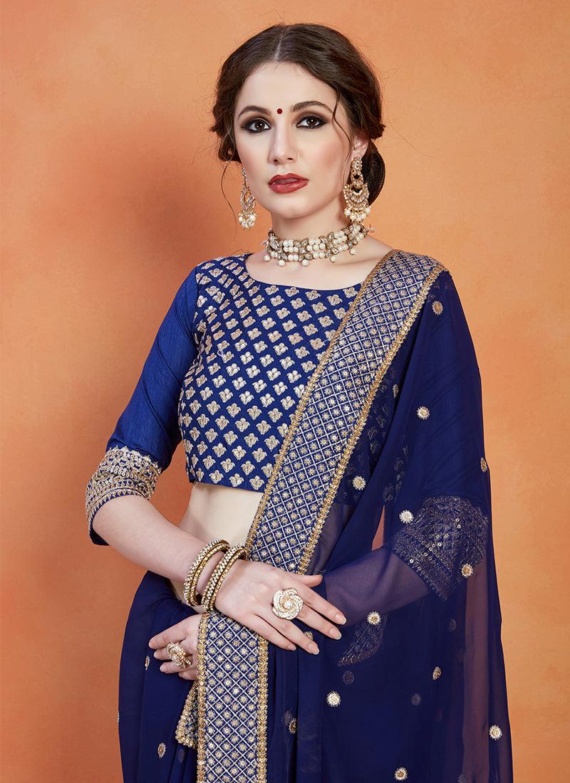 Exquisite Navy Blue Color Zari And Sequins Work Georgette Base Saree Clearance Tumblr