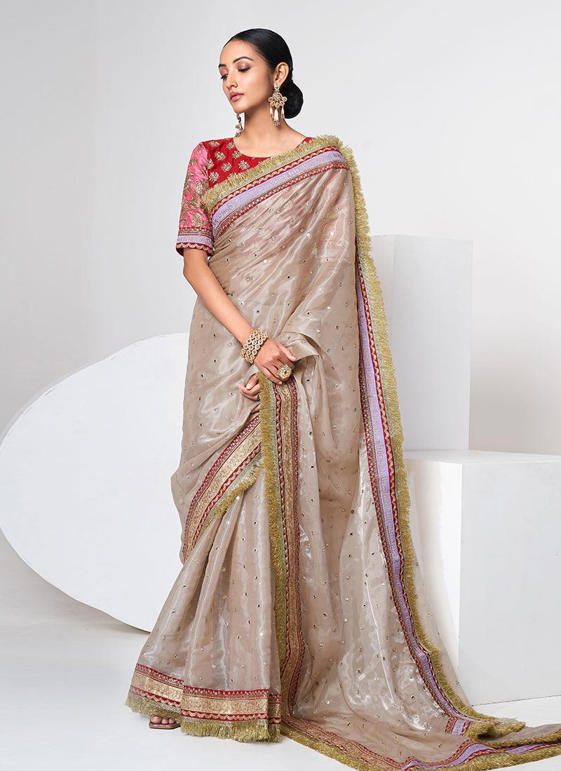 Organza Cream Saree With Heavy Blouse Outlet Cheap