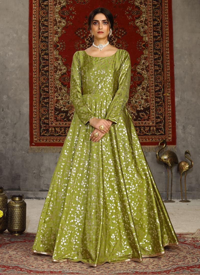 Yellow Green Color Taffeta Silk Base Occasion Wear Printed Designer Gown Cheap Sale Outlet Locations