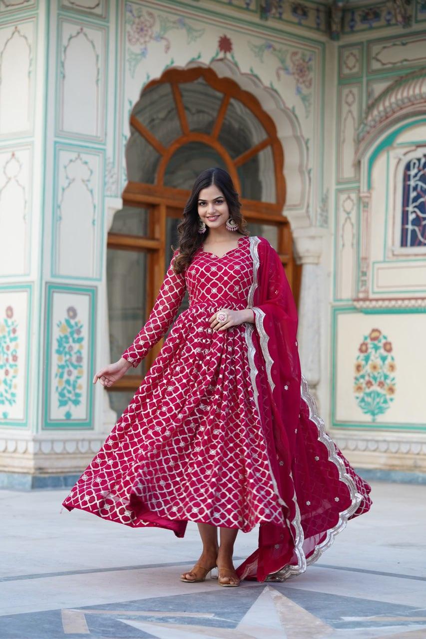 Rani pink Georgette Embroidered gown with dupatta From China