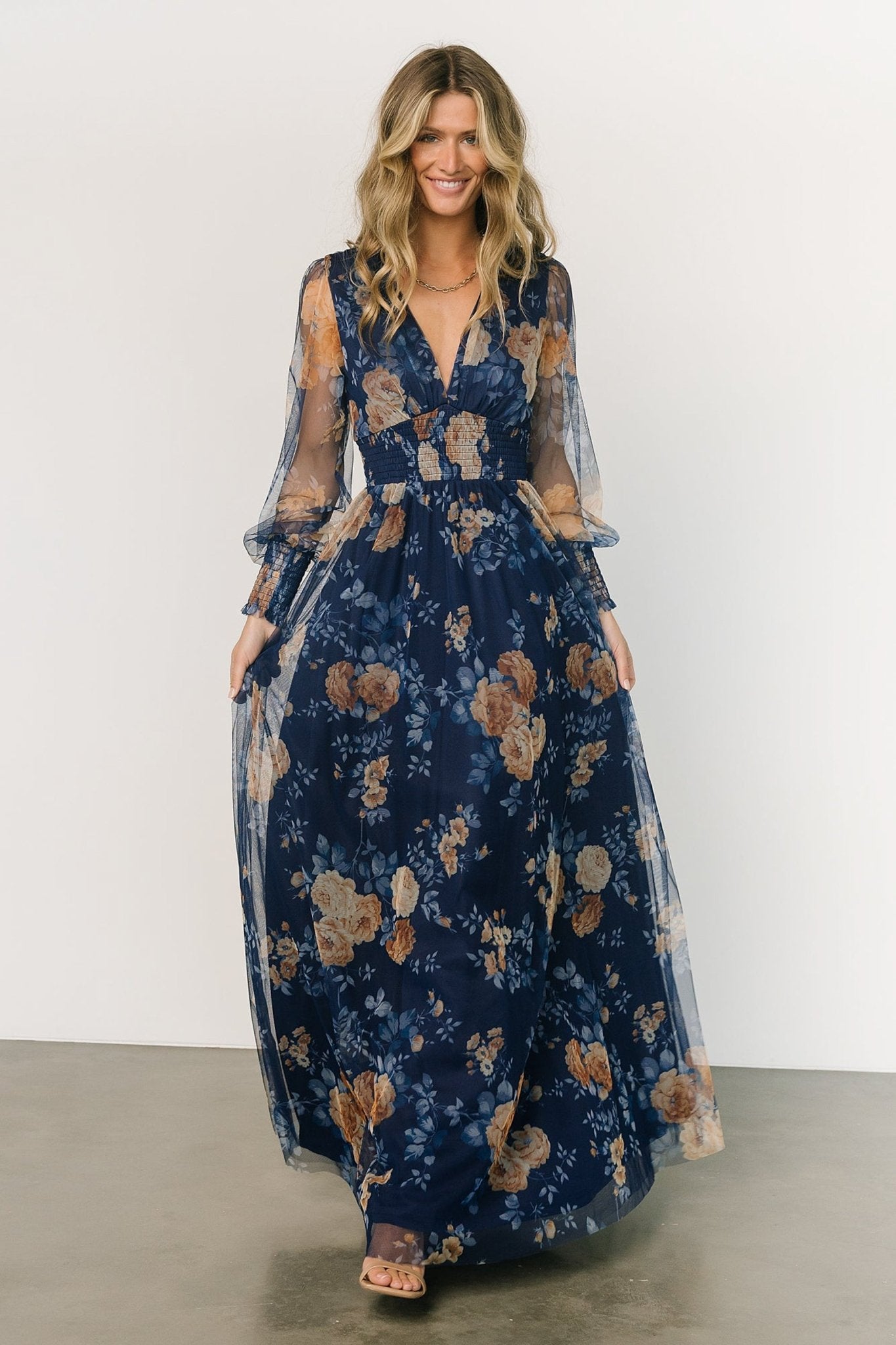 Layla Tulle Maxi Dress | Blue + Golden Floral For Sale Wholesale Pice