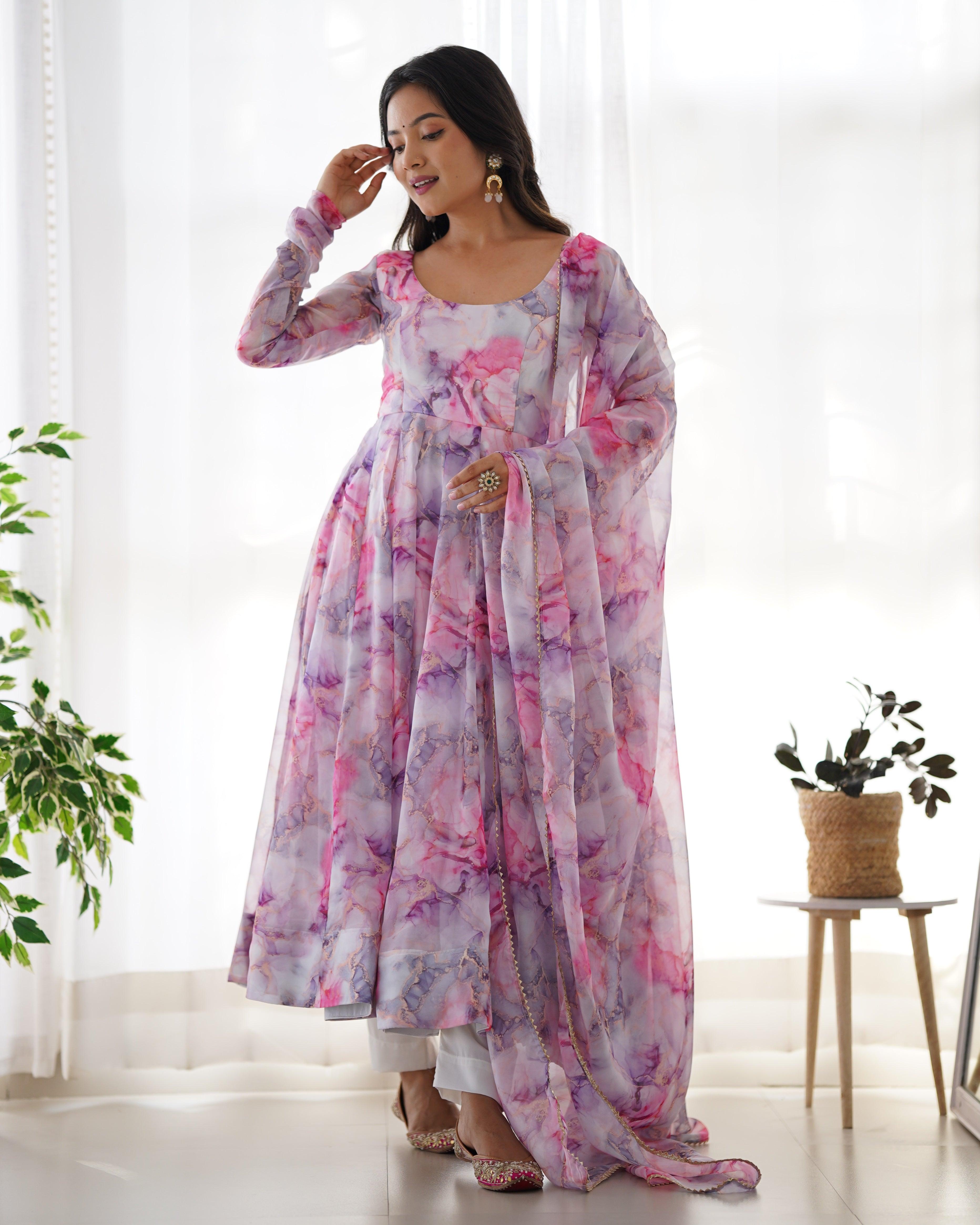 Pink Color Organza Floral Printed Anarkali Suit With Dupatta Outlet Store For Sale