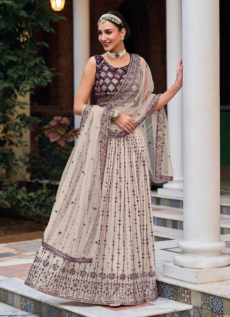 Heavy Thread With Sequins Off-White Flared Lehenga Cheap Wholesale