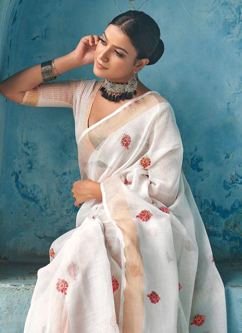 White Linen Saree With Elbow Sleeves Blouse Clearance Cost