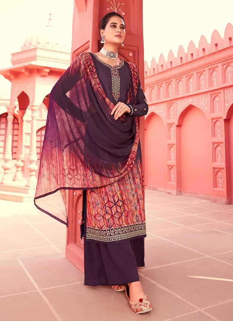 Purple Color Crepe Fabric Printed Palazzo Suit With Chiffon Dupatta Discount Online