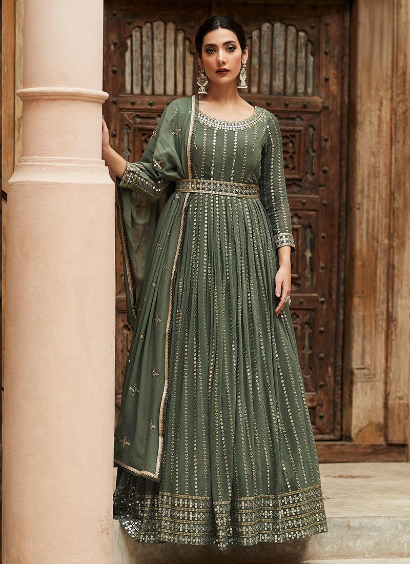 Green Georgette Heavy Sequins Gown Sale Best Pices