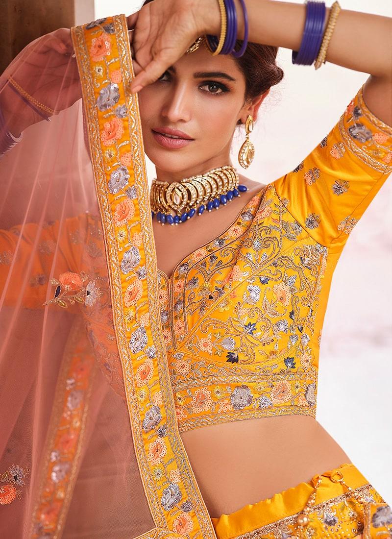 Mustard Yellow Color Crepe Material Sequins Work Lehenga Choli Outlet Original