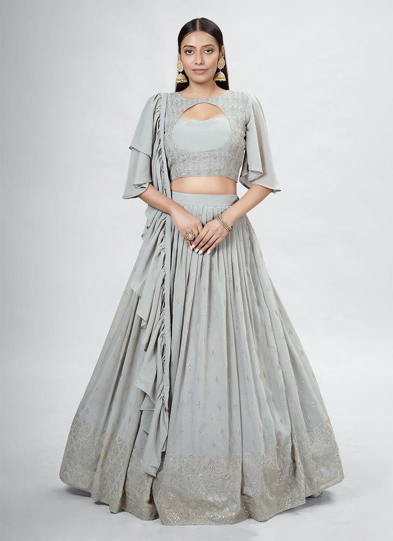 Grey Crop Top Lehenga With Ruffle Dupatta Clearance Reliable