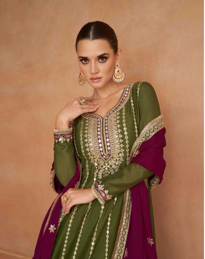 Green silk Embroidered and sequined pant style suit with dupatta Cheap Newest