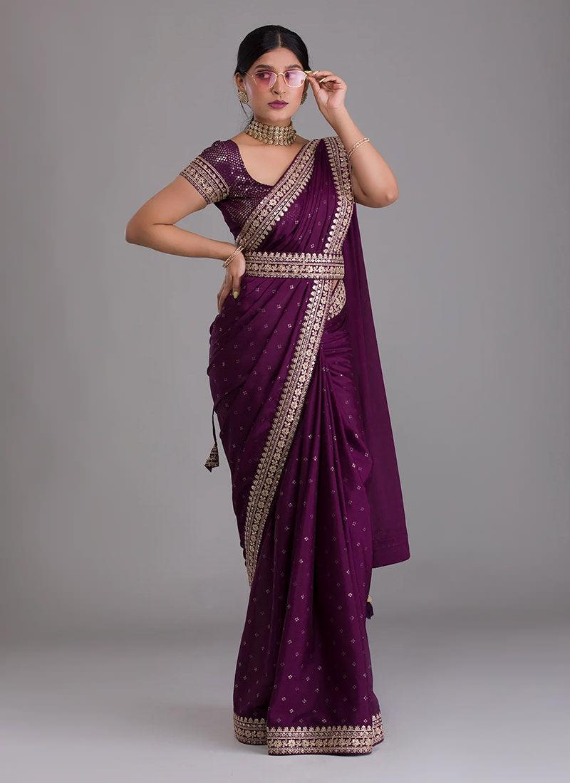 Heavy Sequins Blouse With Wine Saree Outlet Recommend