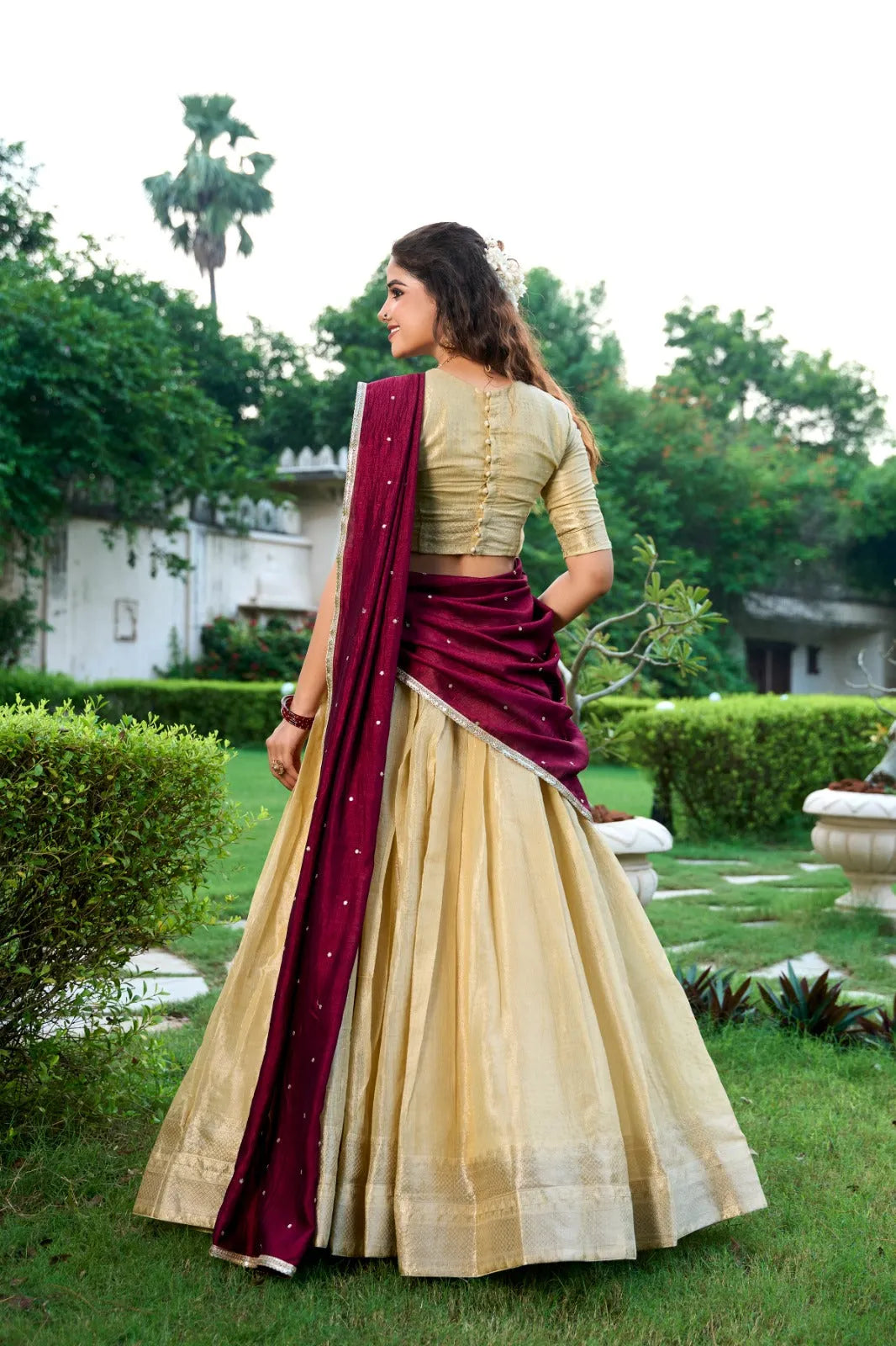 Enchanting  Kanchipuram Zari Weaved Cream Lehenga Choli Set Free Shipping Low Shipping