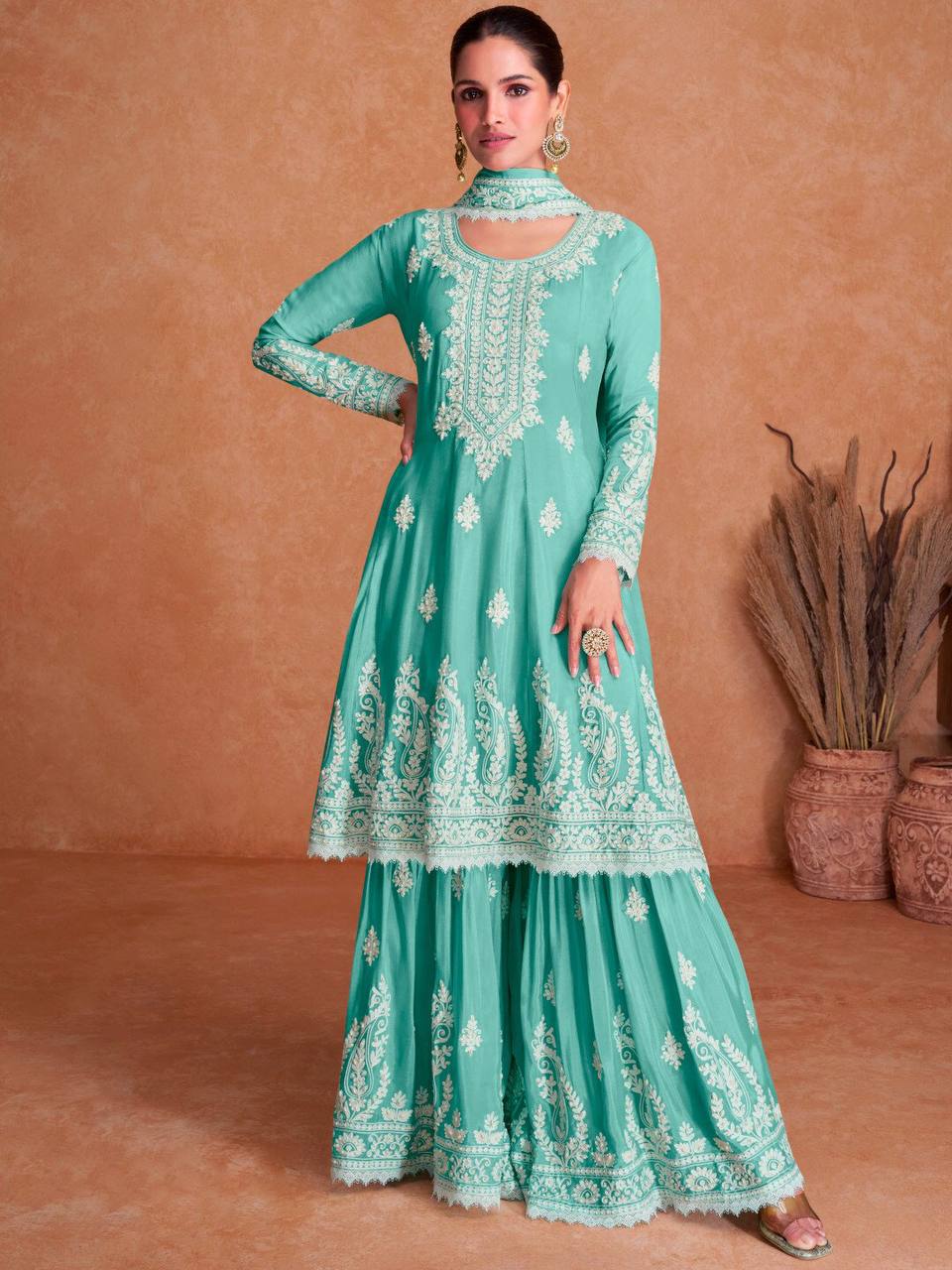 Angelic Aqua Faux Georgette Embroidered Sharara Suit For Sale Top Quality