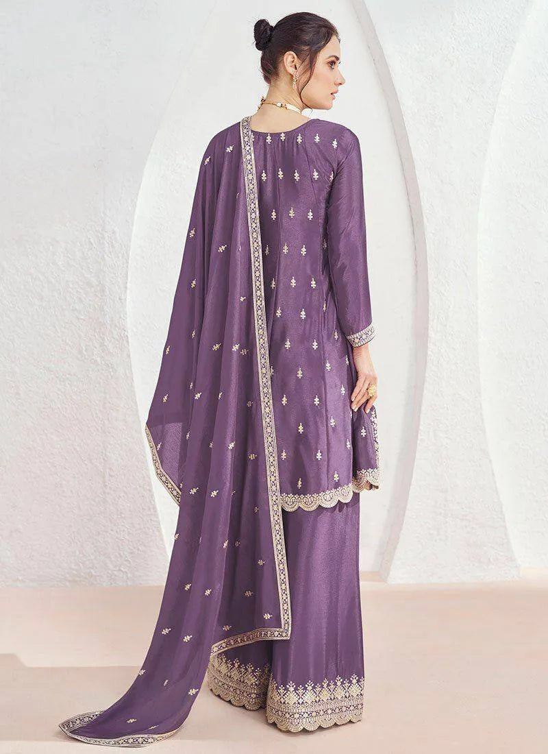 Glowing Lavender Chinon Embroidered Palazzo Suit Supply Cheap Pice