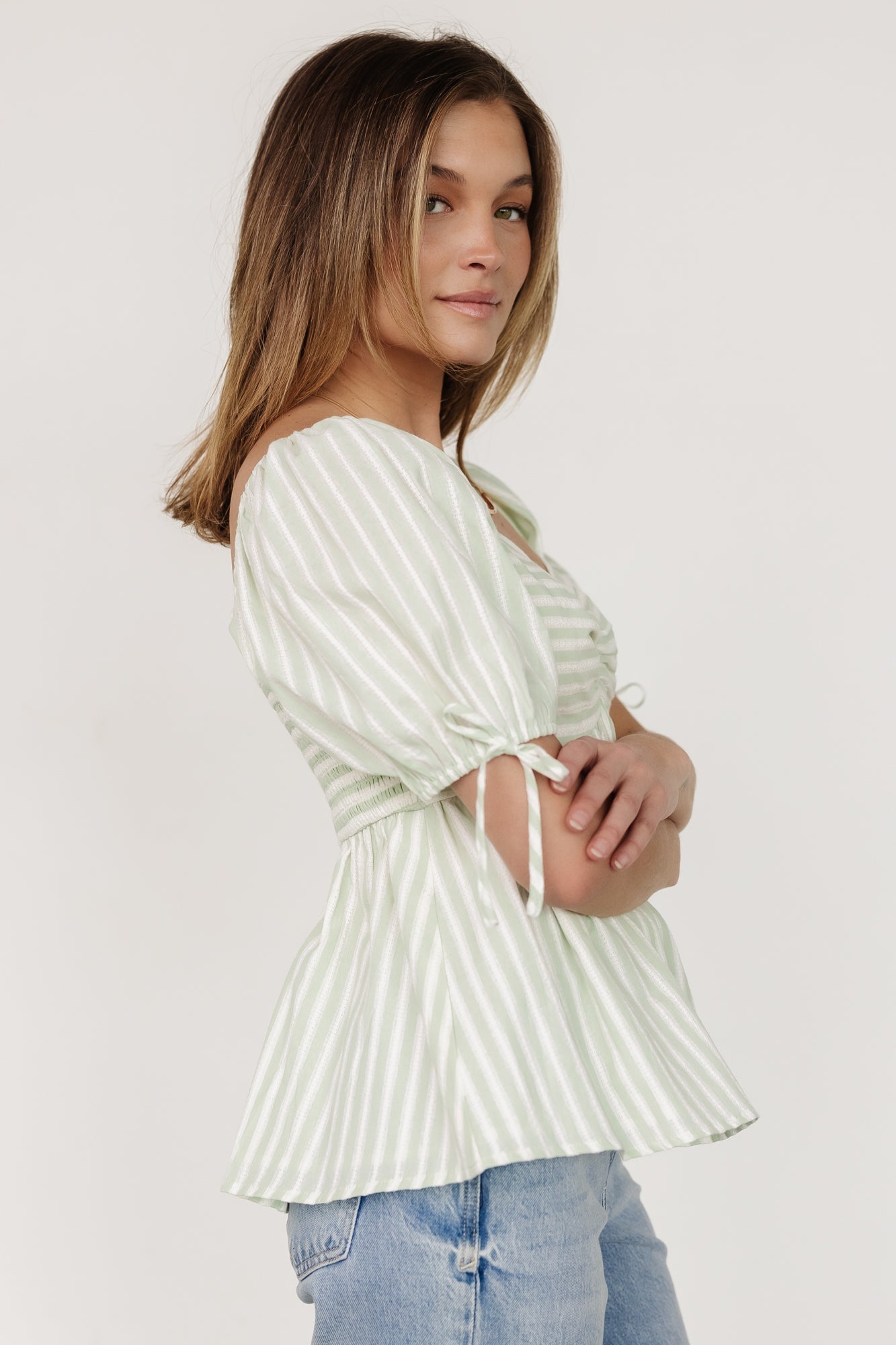 Betsy Peplum Top | Green+ White Stripe Cheap Sale How Much