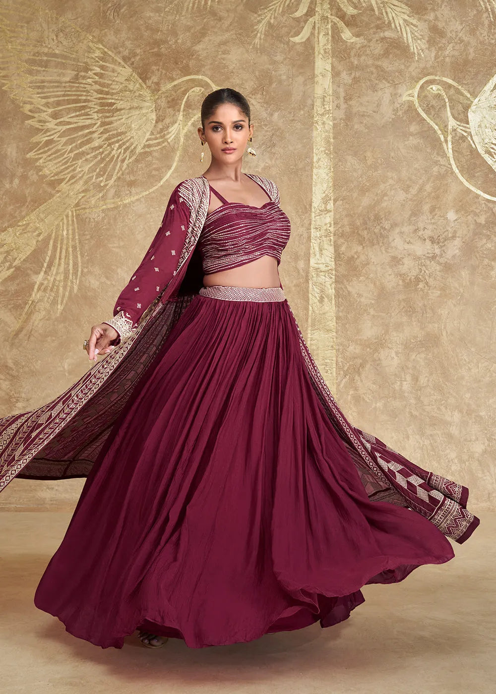 Enchanting Jacket Style Maroon Embroidered Lehenga Choli Clearance 2025