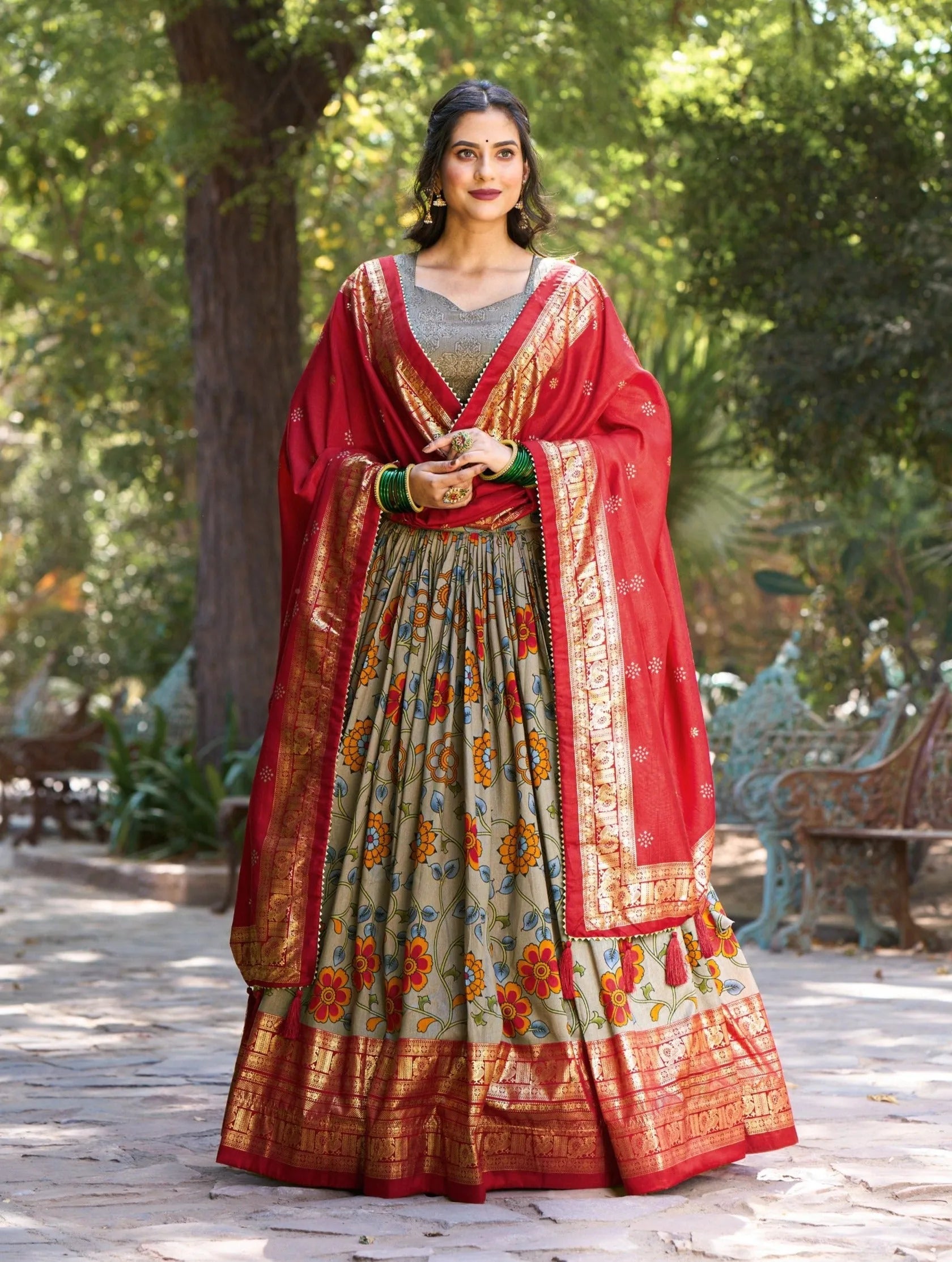 Fabulous Gray Tussar Silk Kalamkari Printed Foil Worked Lehenga Choli Clearance Factory Outlet