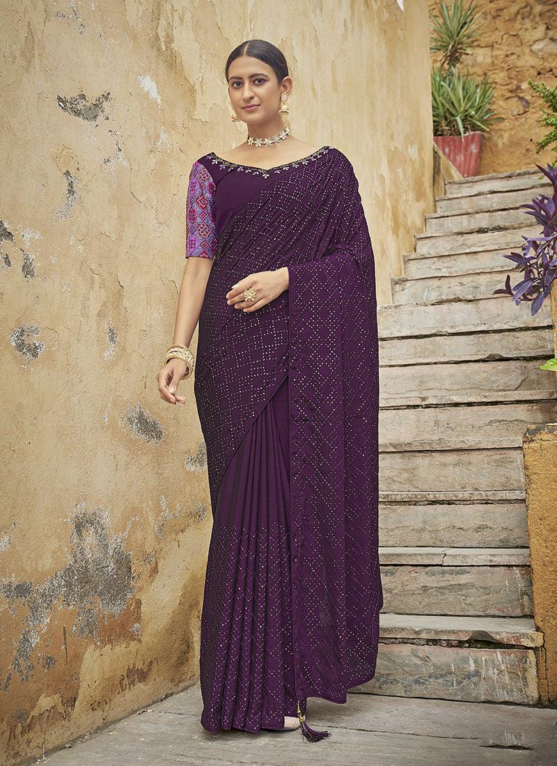 Embroidered Chinon Wine Saree Low Cost For Sale