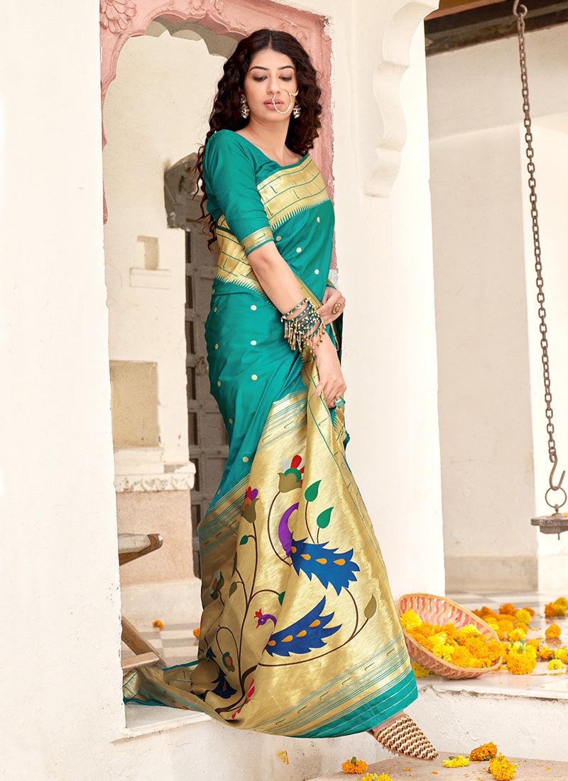 Green Color Silk Weave Work Banarasi Silk Base Embroidered Saree Sale Top Quality