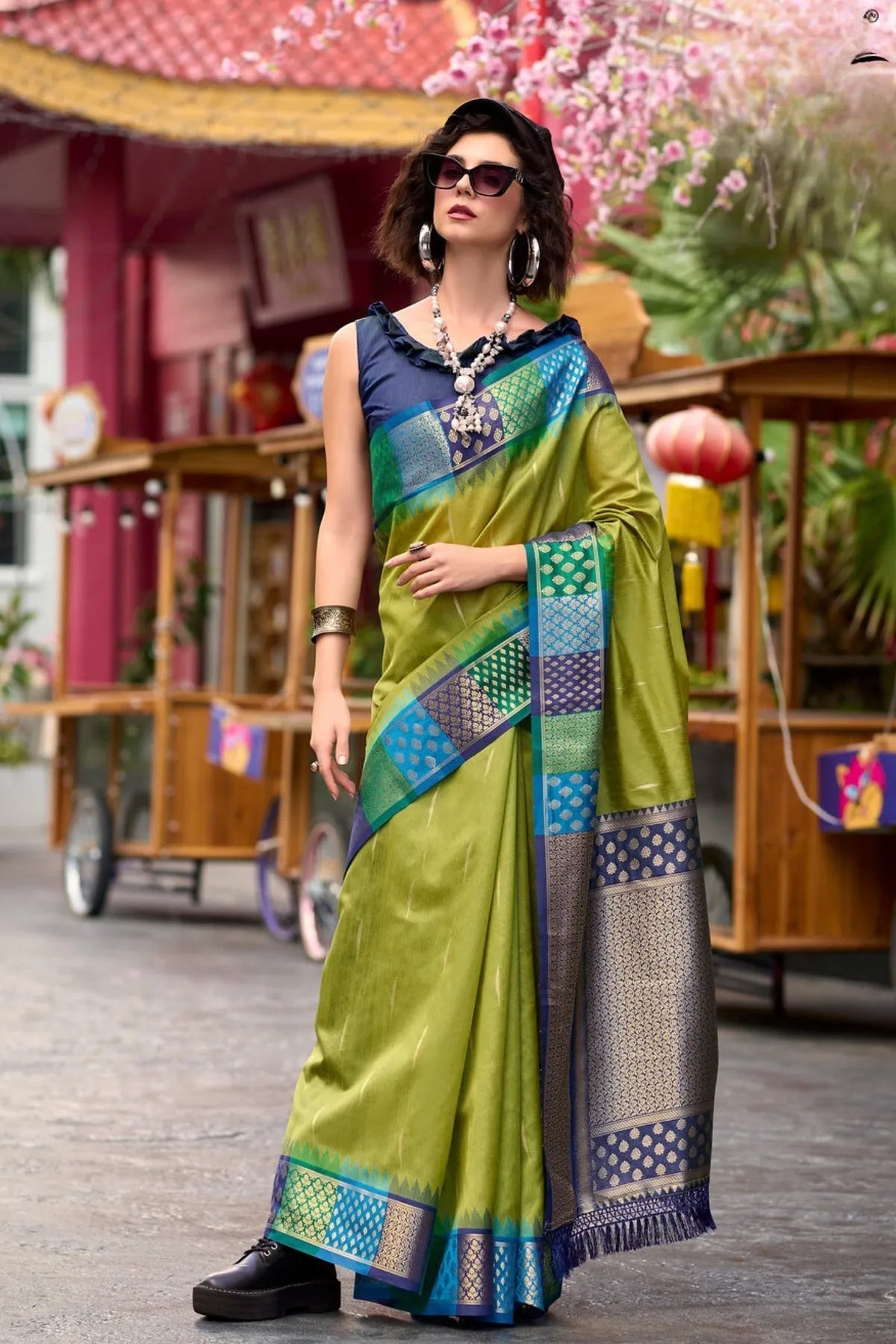 Celery Green Woven Banarasi Silk Saree Best Place