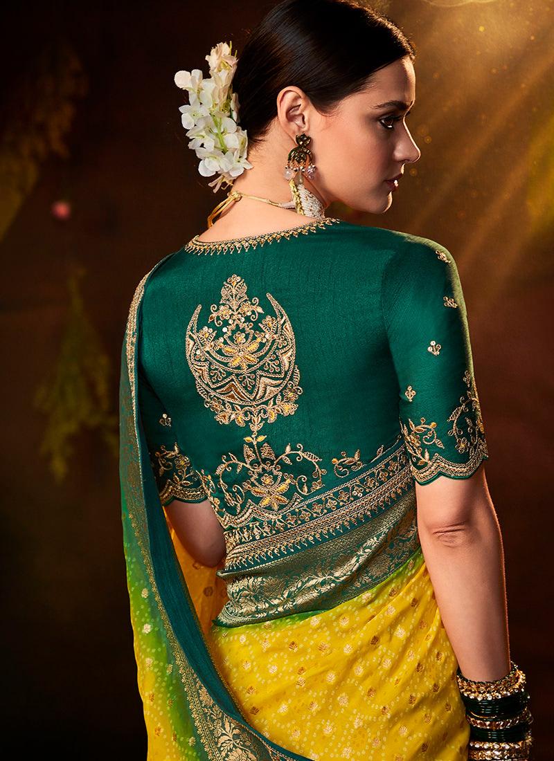 Embroidered Blouse With Yellow Bandhej Saree For Sale 2025