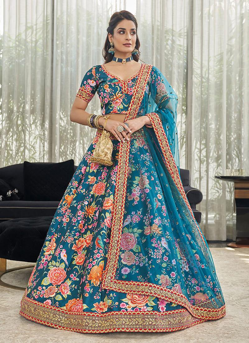 Art Silk Fabric Embroidered Teal Blue Floral Lehenga Outlet Original