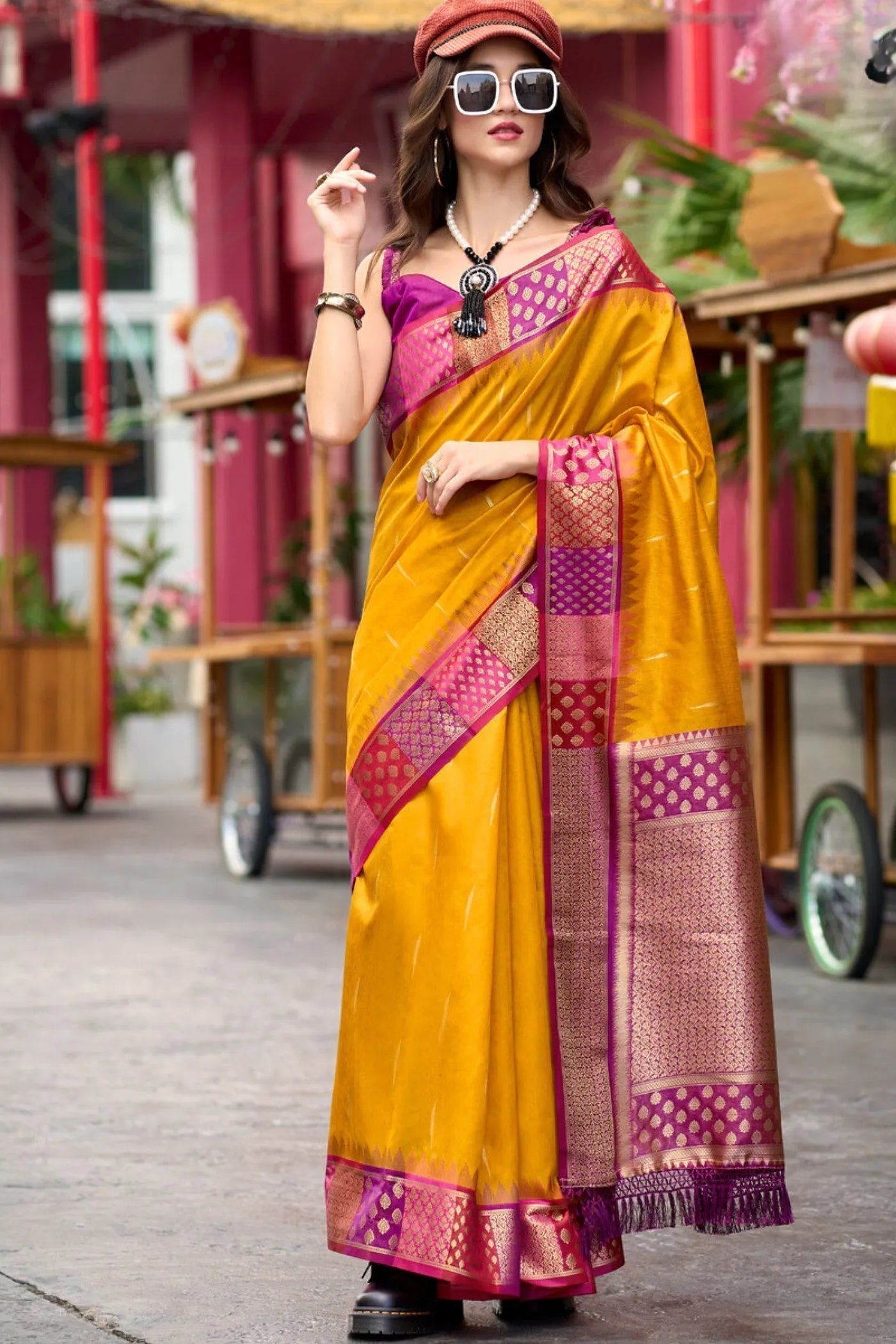 Bright Sun Yellow Woven Banarasi  Silk Saree Cheap Amazon