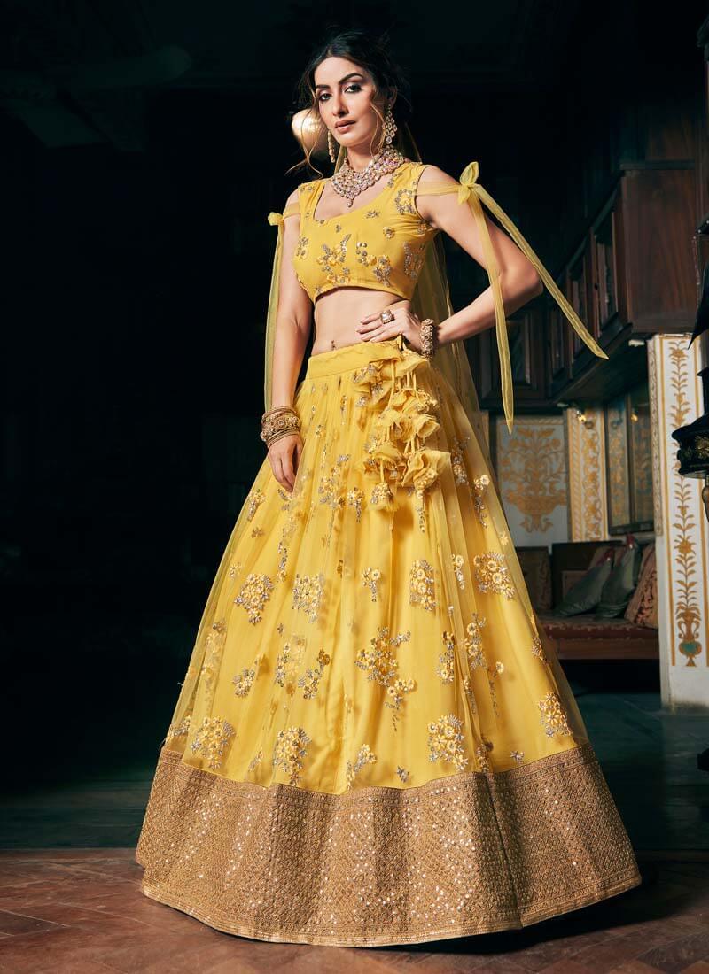 Sunshine Yellow Color Soft Net Base Heavy Work Designer Lehenga Choli Buy Cheap Fashion Style