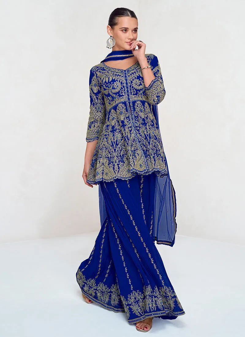 Passionate Royal Blue Embroidered Designer Sharara  Suit Online Online High Quality