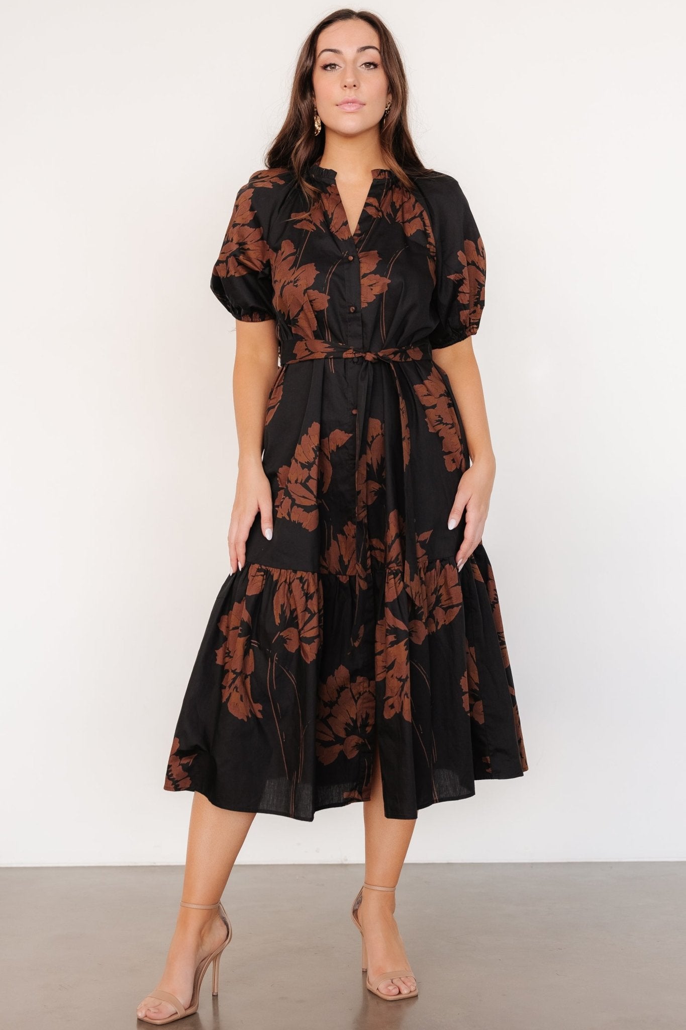 Prescott Midi Dress | Black + Brown Floral For Sale Top Quality