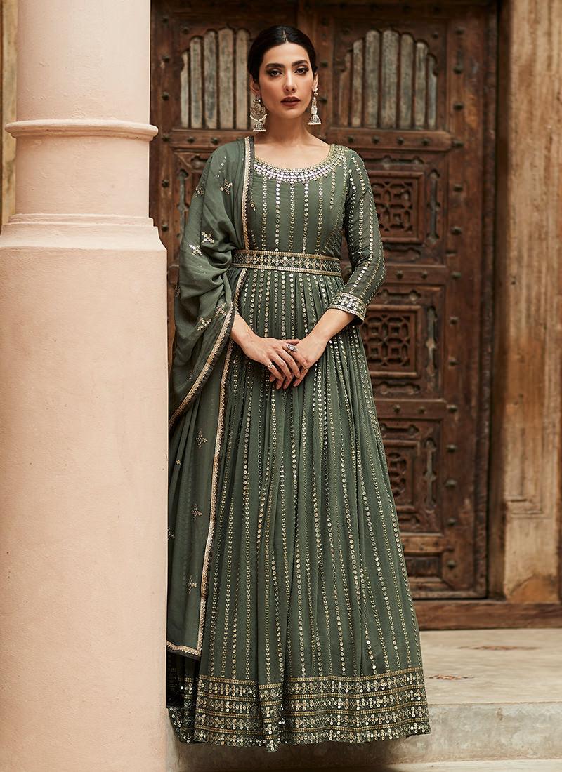 Green Georgette Heavy Sequins Gown Sale Best Pices