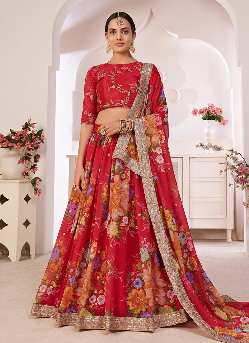 Georgette Base Red Color Lehenga With Floral Print Original Cheap Online