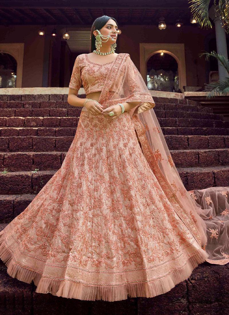 Sequins And Resham Work Pleasing Peach Lehenga Choli Online Online Free Shipping