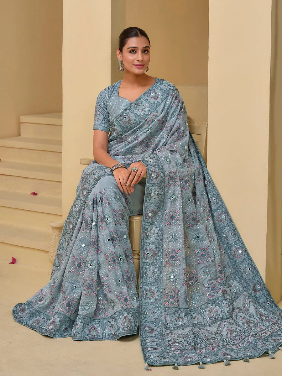 Luxurious Grey Banarasi Silk Embroidered Saree Outlet Websites