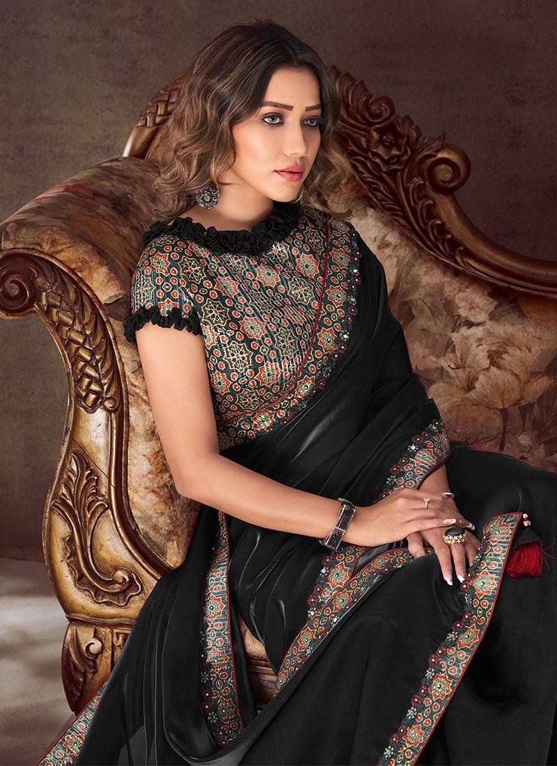 Black Solid Saree With Printed Blouse From China Free Shipping Low Pice