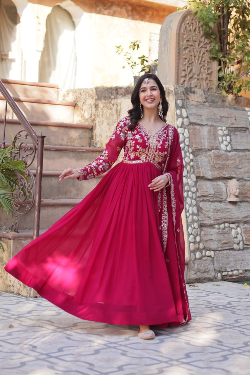 Designer Faux Georgette Embroidered Gown Big Sale Cheap Online