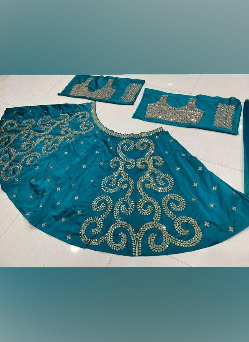 Charming Look Turquoise Color Taffeta Silk Base With Real Mirror Work Lehenga Choli Outlet Finishline