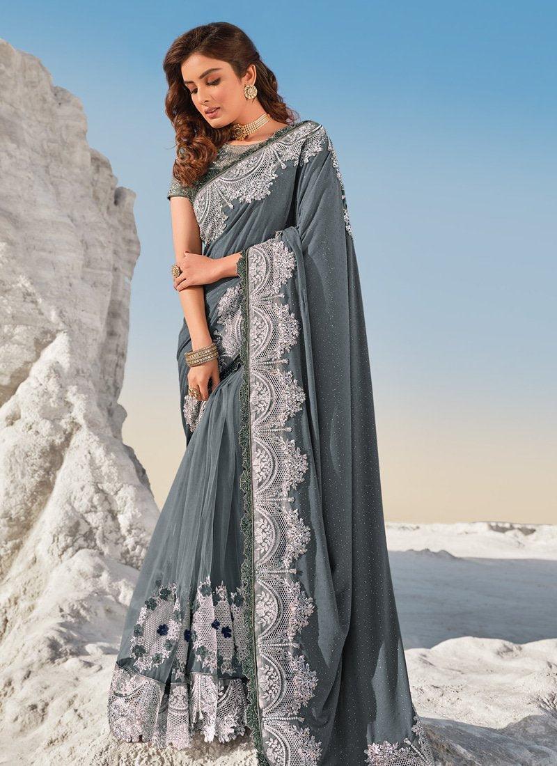 Astonishing Look Grey Color Soft Net Base Stone Work Embroidered Saree Pictures Online