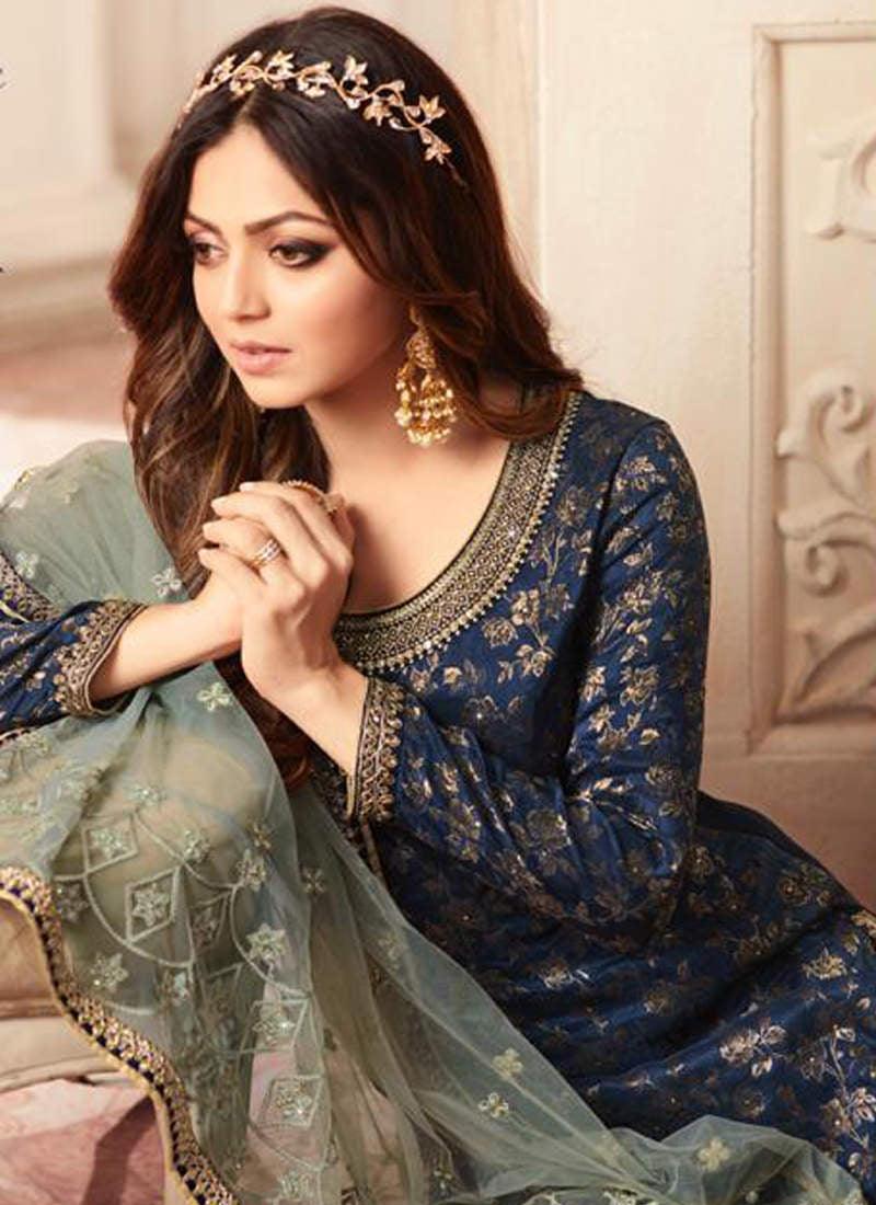 Outstanding Navy Blue Jacquard Silk Base Embroidered Salwar Suit Discount Footaction