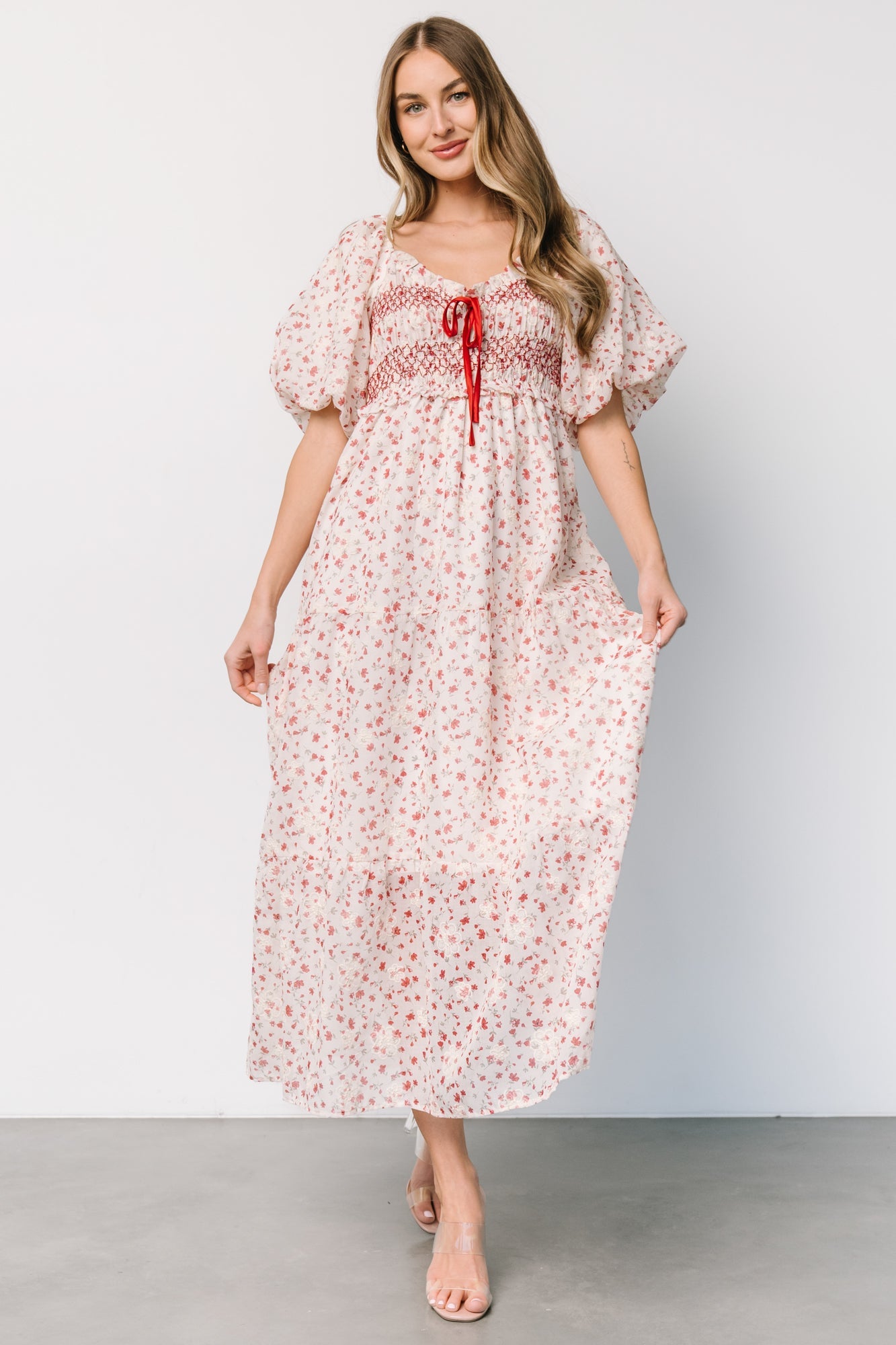 Hollie Smocked Dress | Cream + Red Floral Wholesale Pice For Sale