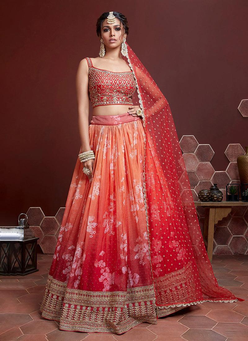 Orange Color Sleeveless Blouse Floral Lehenga With Heavy Embroidered Work Buy Cheap Buy