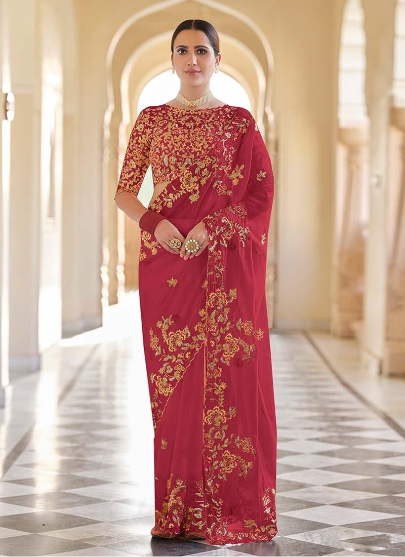 Fabulous Red Color Embroidery Work Organza Base Heavy Look Saree New Arrival Cheap Online