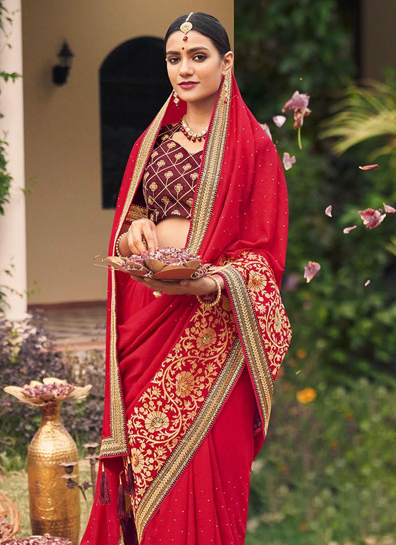 Red Color Embroidered Traditional Saree Classic Cheap Pice