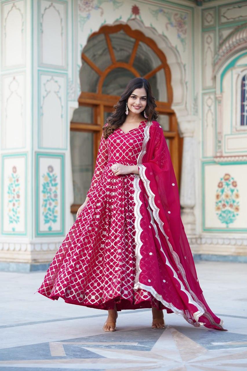 Rani pink Georgette Embroidered gown with dupatta From China