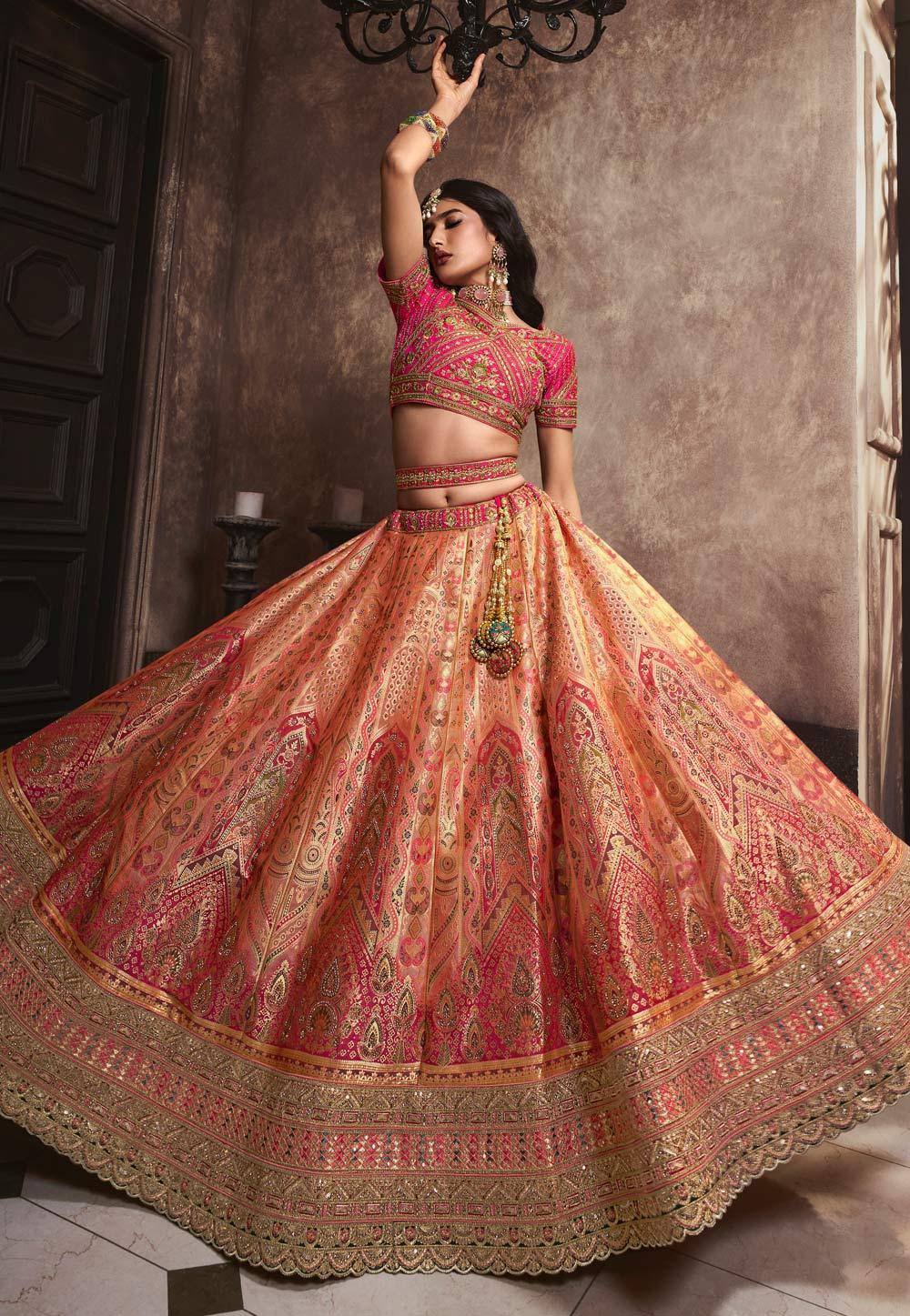 Peach Pink Banarasi Silk Sequins Embroidered Wedding Lehenga Choli Many Kinds Of Online