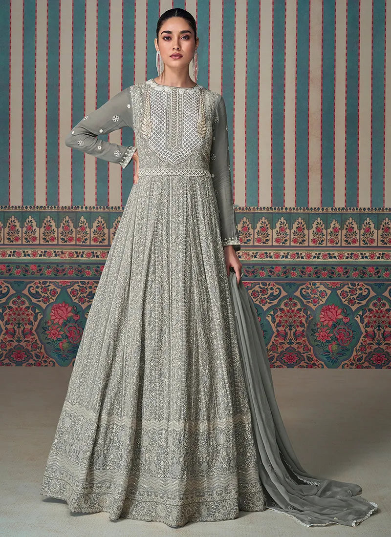 Chic Grey Chikankari Embroidered Anarkali Gown Cheap Pice Top Quality