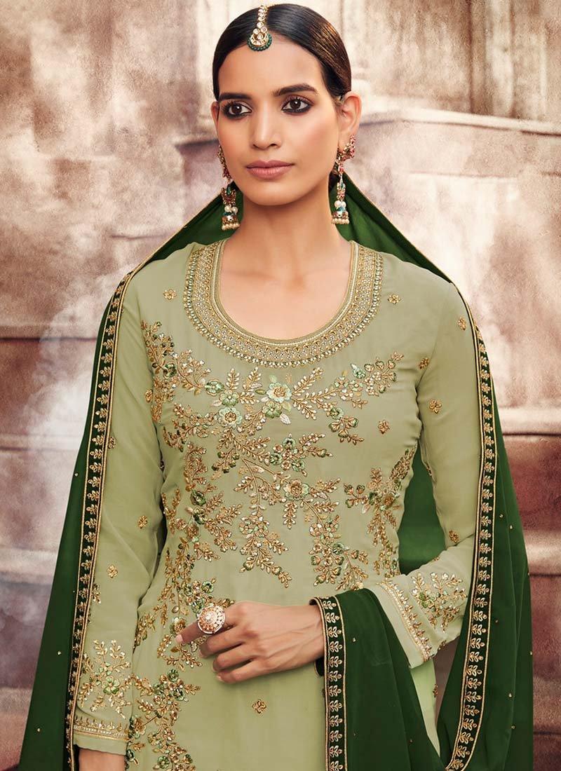 Pastel Green Color Georgette Fabric Resham Work Pant Style Salwar Suit Cheap Sale Professional