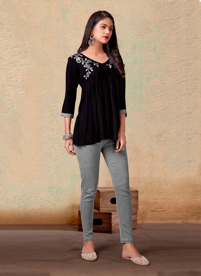 Black Color Cotton Fabric 3/4th Sleeves V-Neck Casual Short Kurti Ebay Online